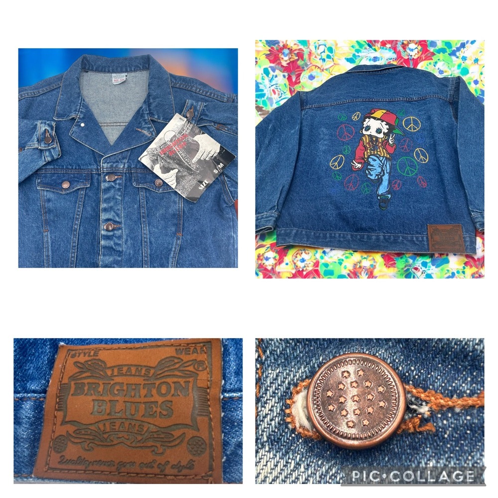 VTG 90s Betty Boop Denim Jacket Size S M Peace Signs Rasta Style 100% Cotton NWT